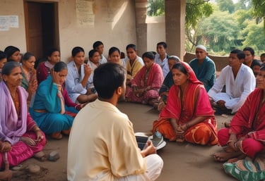 A group of women and children participating in a community health workshop outdoors.