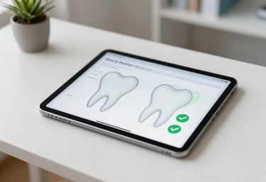 A digital report displayed on a tablet screen, showing a clean medical layout with tooth diagrams and green checkmarks. It's placed on a clean white table in a bright, airy home office.