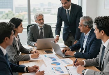 Dynamic business strategy meeting with professional South Asian / Indian executives in a spacious, bright boardroom, analyzing financial charts, corporate style.