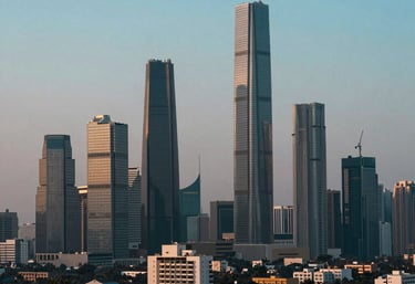 A cinematic shot of a modern city skyline in India during twilight, representing growth and urban expansion, with soft teal and navy tones.