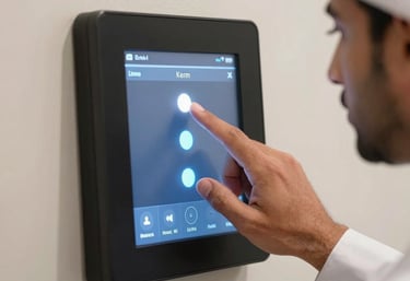 A close-up of a person's hand using a high-resolution touch panel on a wall in a Middle Eastern / Gulf setting, adjusting the lighting levels.