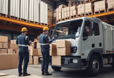 Team organizing pallets neatly in a storage area with safety gear.