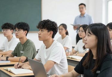 A diverse group of students and educators collaborating in a modern classroom setting.