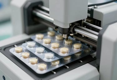 A close-up of pharmaceutical blister packs being processed by an automated machine, sharp focus, clean white and light grey color palette.