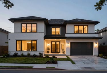 Exterior photography of a sleek, contemporary North American luxury home at twilight, featuring clean architectural lines and professional landscaping.