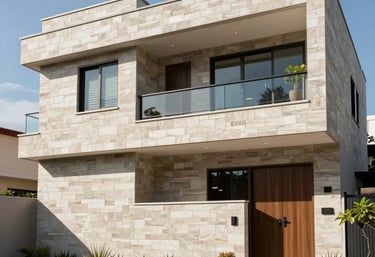 The exterior facade of a contemporary Brazilian home featuring high-quality masonry and clean architectural lines under a bright sun.