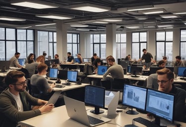 Team of developers collaborating over laptops in a modern office space.