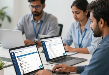 Professional team collaborating in a modern office with Delhi cityscape visible through large windows.