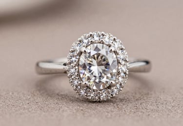 A close-up shot of an intricate platinum engagement ring with a halo of diamonds. The background is a soft taupe blur, focusing entirely on the brilliance of the stones.