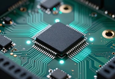 A macro photograph of an advanced circuit board with integrated sensors, glowing with subtle teal light. Deep shadows and clean metal highlights. Professional product photography style.