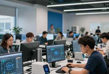 A collaborative workspace in North American / Global tech hub where engineers and researchers are testing IoT devices. Modern design, clean lines, blue and grey color palette.