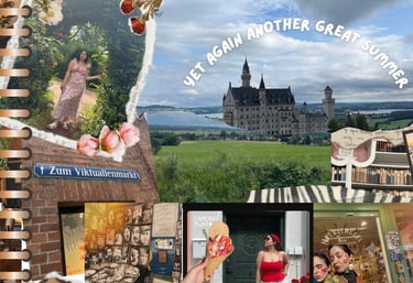 Collage digital con diferentes texturas de papel, íconos, gráficos y fotos de paisajes y personas,.