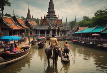 A vibrant coastal village in Krabi with traditional boats and turquoise sea