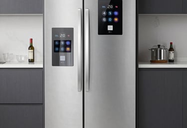 Happy family watching TV together while a technician services various LG appliances.