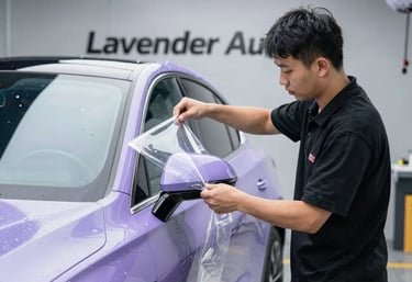 A technician applying clear paint protection film to the side mirror of a lavender luxury car.