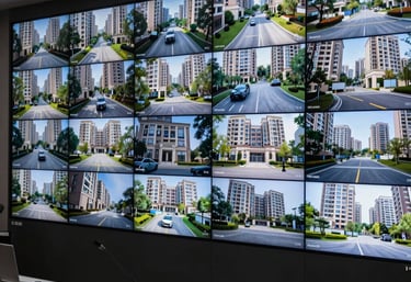A professional security monitoring room featuring a wall of digital screens displaying multiple live camera feeds of a residential complex.