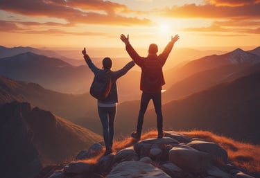 A vibrant photo of a smiling person standing on a mountain peak at sunrise, arms wide open embracing freedom.