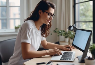 Close-up of hands typing on a laptop keyboard with a clean desk and subtle Paradigm Affiliate Marketing branding.