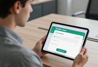 A professional North American individual looking calmly at a tablet screen that shows a health notification, in a high-end, modern office setting.