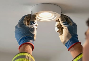 A close-up photograph of a professional electrician installing a sleek, modern LED recessed lighting fixture in a North American / US home, hands in focus with safety gear.
