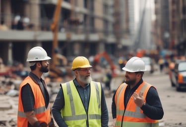 Group of construction workers wearing safety gear on a building site.