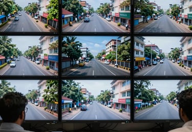 A wall of high-definition security monitors in a central control room showing real-time street surveillance from a city in Kerala.