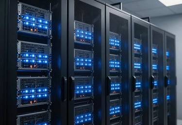 A sophisticated server room with glowing steel blue lights, symbolizing the powerful and scalable infrastructure behind Blue Creek apps. North American / US data center style.