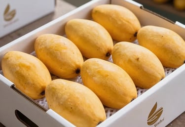 A professional close-up of premium Sindhri mangoes packed neatly in a clean, white export carton with a simple logo. The mangoes are vibrant yellow, uniform in size, shot in a high-end Pakistani warehouse facility with bright, clean lighting.