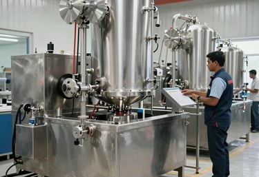A crisp, professional image of a modern Hot Water Treatment facility in Pakistan. Stainless steel machinery, clean industrial environment, and staff in professional attire ensuring export compliance and hygiene standards.