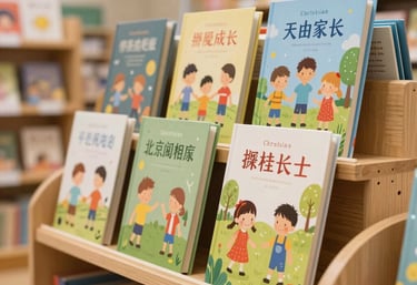 A cheerful display of Christian children's books with colorful illustrations, placed on a child-friendly wooden shelf in a bright, modern bookstore environment.