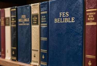 A row of various Bibles with different textures and colors including deep blue and gold accents, neatly arranged on a dark wooden shelf in a Brazilian store.