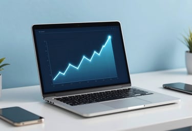 A modern desk setup with a laptop showing a glowing line graph of financial growth, surrounded by a clean, minimalist workspace with light blue #7BAED8 accents.