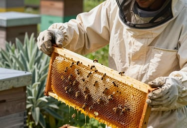 A photograph of a local North American / US beekeeper wearing a clean cream protective suit and hat, gently holding a wooden hive frame overflowing with dripping warm golden honey combs. Sunlight illuminates the golden nectar and busy bees. The backdrop features lush sage green foliage and rustic earthy brown hives under bright natural daylight.