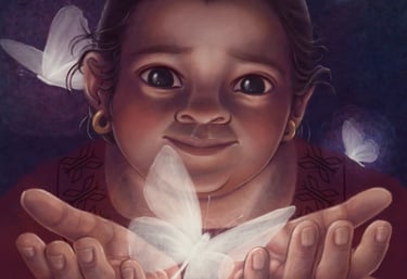 niña con las manos abiertas que suelta mariposas fondo azul