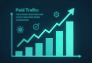 An abstract representation of digital growth charts and arrow icons in vibrant cyan, symbolizing paid traffic success and business expansion.