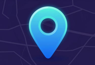 A sleek 3D graphic of a Google Maps pin glowing in cyan (#00CED1) over a minimalist map background in dark purple tones.