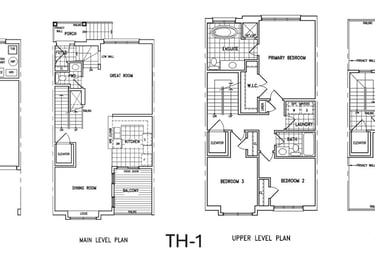 Detailed multi-story townhouse floor plan showing ground, main, upper, and roof level layouts.