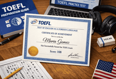 Certificado de logro del TOEFL que muestra una puntuación aprobatoria de 108 sobre un escritorio.