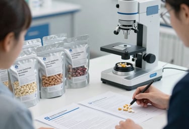 Cosmetics production line with quality control and sanitary documentation visible.