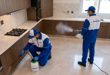 فني NoviaClean بزي موحّد يحمل شعار الشركة ينفذ مكافحة حشرات في جدة بمواد آمنة