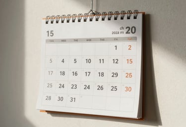 A calendar on a soft off-white wall with scheduled cleaning dates, emphasizing an organized and efficient service.