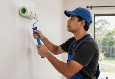 A professional painter carefully applying a smooth coat on a modern living room wall.