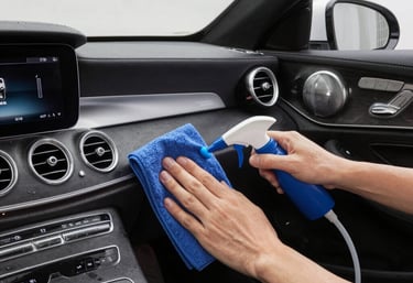 Technician carefully cleaning the interior leather seats of a premium SUV with specialized tools.