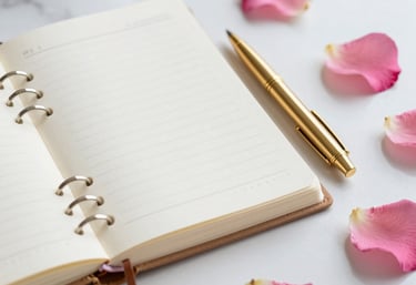 Close-up of an elegant planner and a gold pen on a white marble desk. Soft pink rose petals rest nearby. Iberoamerican minimalist style.