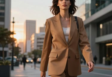 A woman walking confidently in a stylish warm brown blazer through a modern, upscale Iberoamerican urban district at sunset.