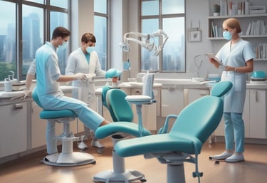 A dentist working on a patient with a modern dental clinic website displayed on a laptop nearby.