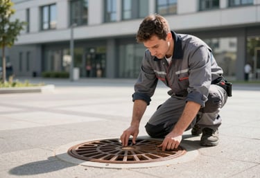Technician checking a manhole cover in a modern urban Central European environment, professional work clothes, bright daylight, sharp focus.