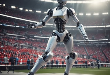 A sleek robot in a business suit doing a playful dance with a glowing backdrop.