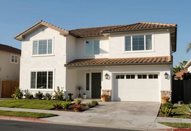 A wide shot of a freshly painted suburban house exterior in Los Angeles under bright, clear midday California sunlight, showing modern landscaping.