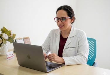 Nutrióloga brindando consulta en línea desde consultorio en Ciudad de México con laptop